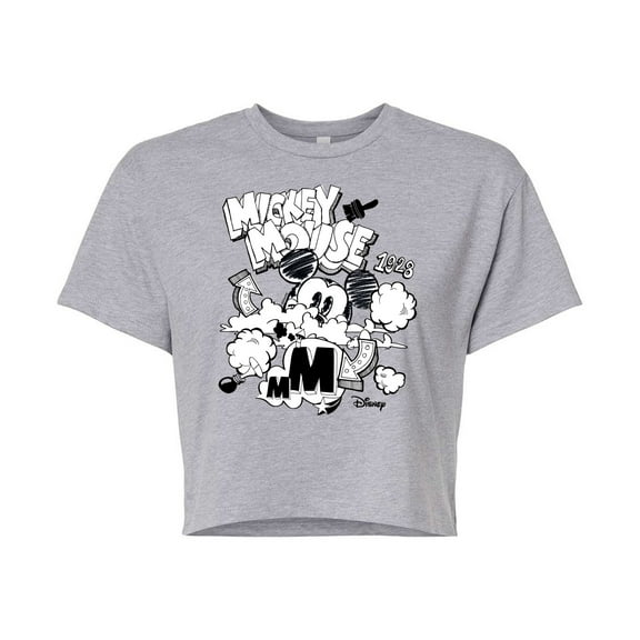 Disney - Mickey Mouse - Doodles & Clouds Sketch - Juniors Cropped Cotton Blend T-Shirt
