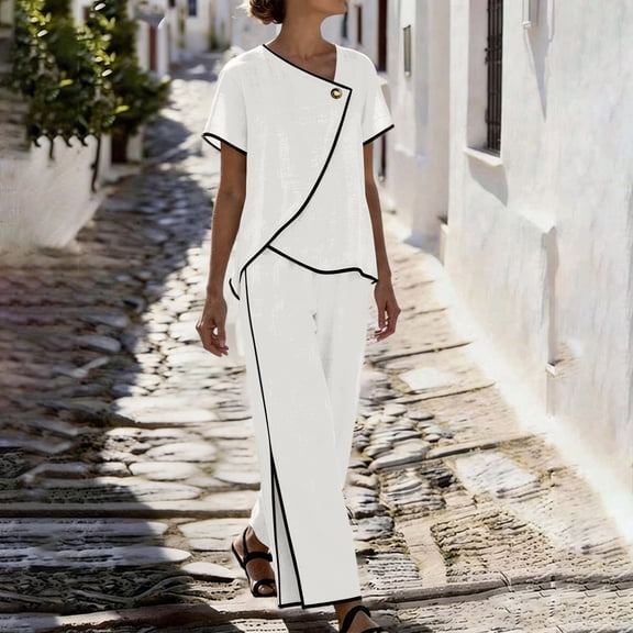 Cagogo Women's 2 Piece Outfits V Neck Short Sleeve Wide Leg Pants Set Boho Casual Cruise Summer Travel Lounge Tracksuits Loungewear Matching Sets Airport Clothes, White L