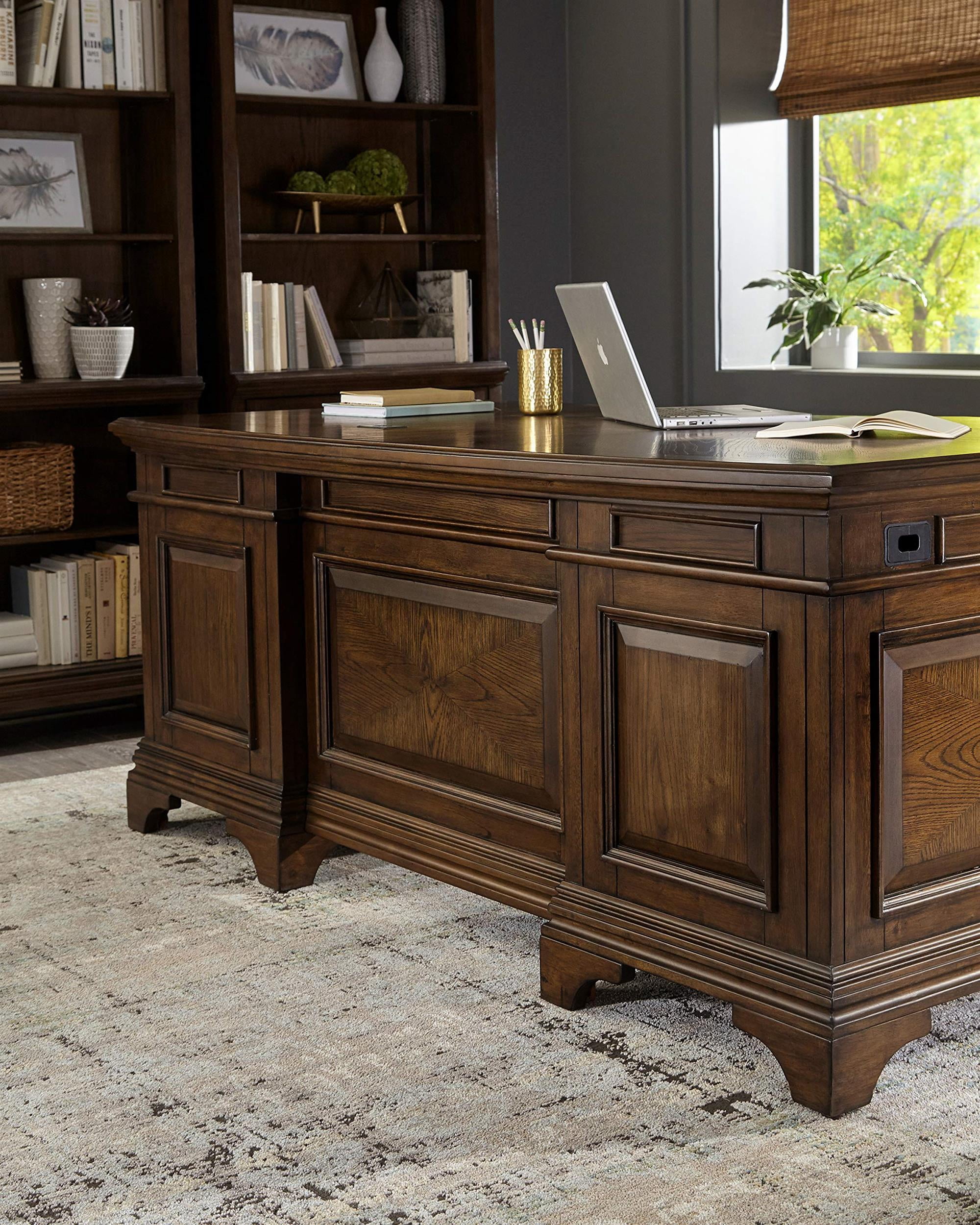 Pemberly Row Executive Desk with File Cabinets in Burnished Oak