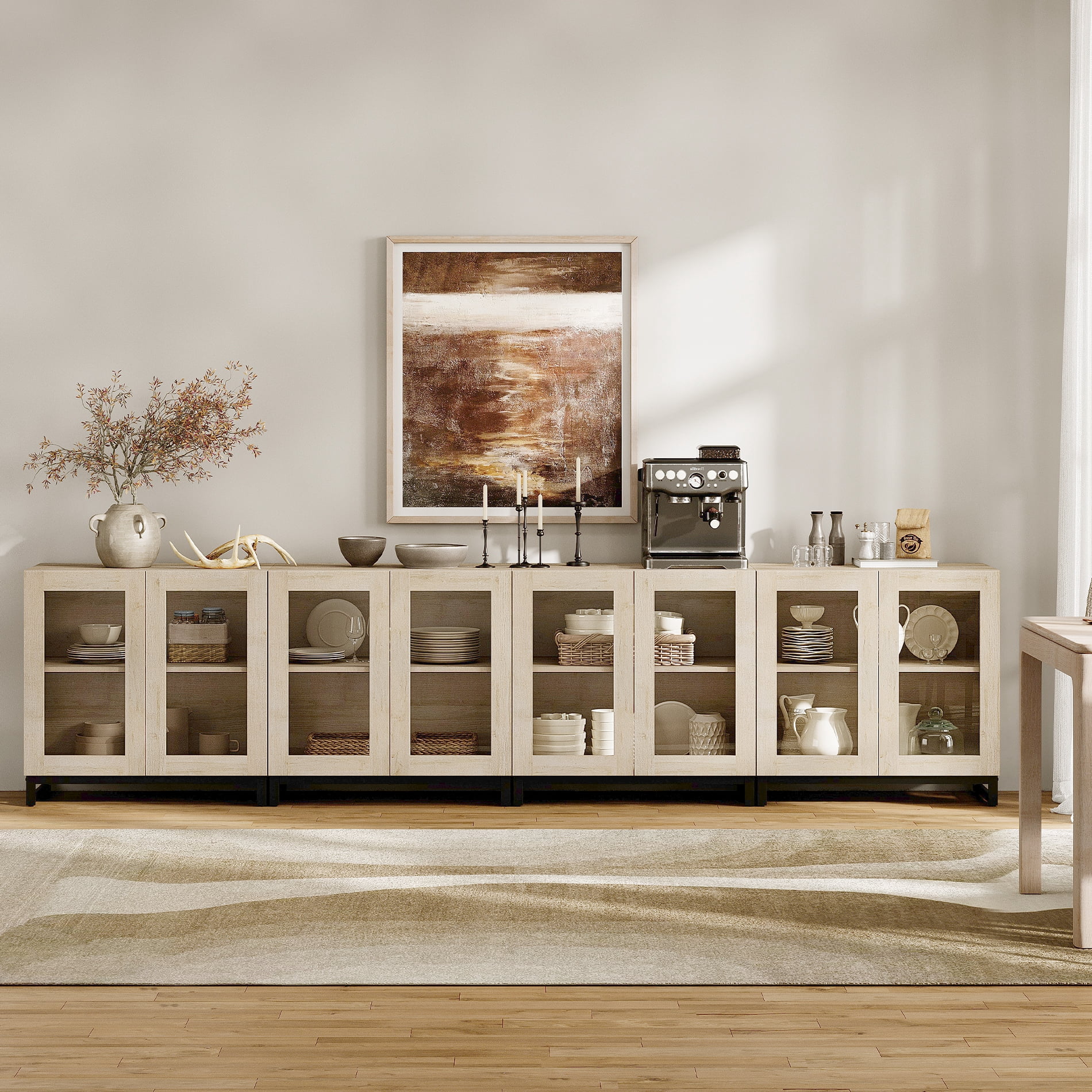 Modern 4-in-1 Multifunctional Sideboard Buffet Cabinet with 8 Glass Doors and Adjustable Shelf Coffee Bar Storage Cabinet for Living Room Kitchen,Beige