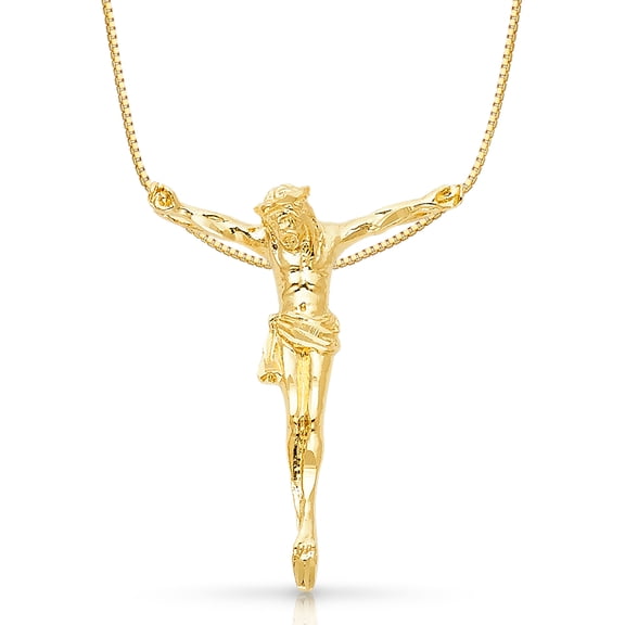 Ioka-14K Yellow Solid Gold Religious Jesus Christ Body Charm Pendant with 1mm Box Chain Necklace - 24"