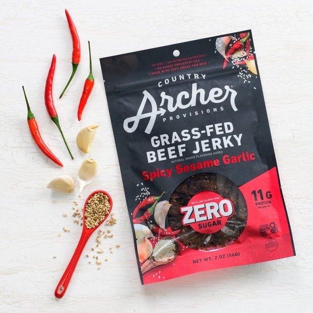 Pack of 12, Country Archer Zero Sugar Spicy Sesame Garlic Beef Jerky, 2 oz