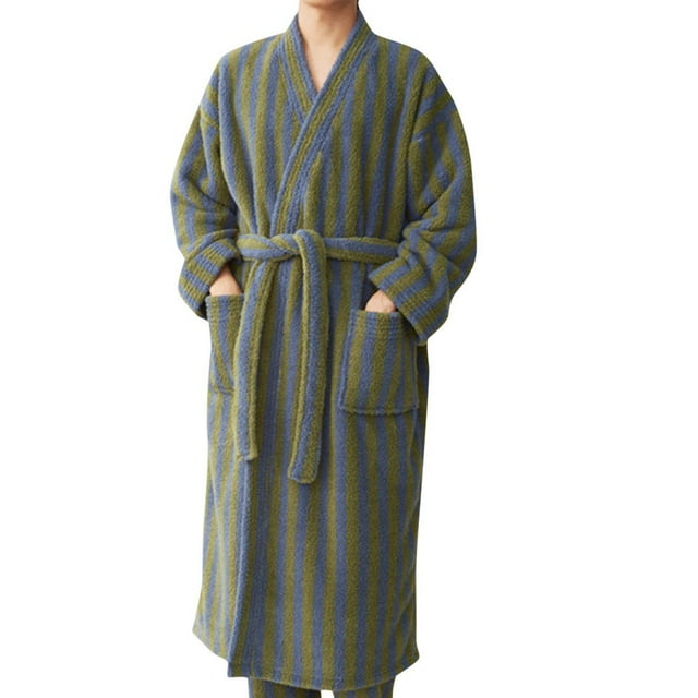 Christmas Clearance! Grrvtrz Mens Full Length Flannel Robe, Striped Plush Fleece Robes, Shawl Collar Bathrobe Loungewear House Robes( Pants Not Included )