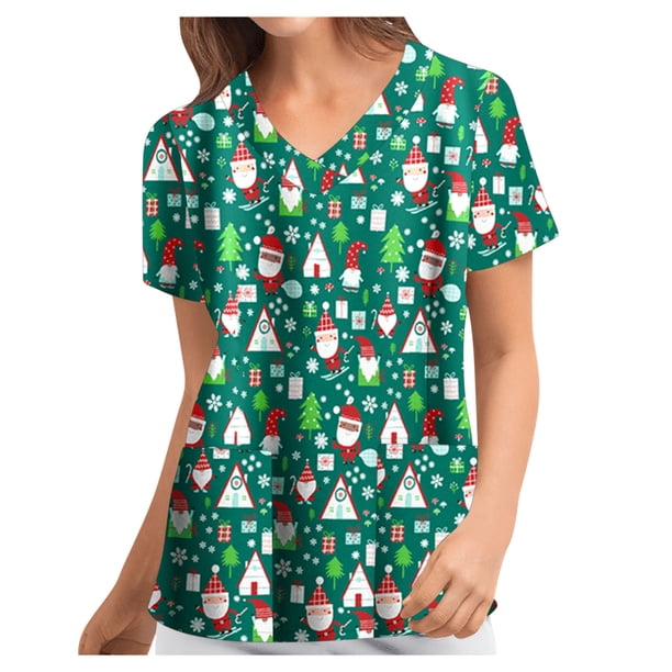 Blusa de manga corta con cuello en V para mujer, uniforme de trabajo, Navidad, con bolsillos Pompotops hkajfhjk457766