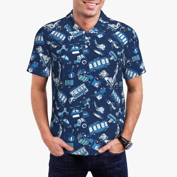 Fotbe Blue Bus Camiseta Polo de Golf para Hombre con Estampado – Camisa Deportiva Transpirable con Cuello Abotonado-Large