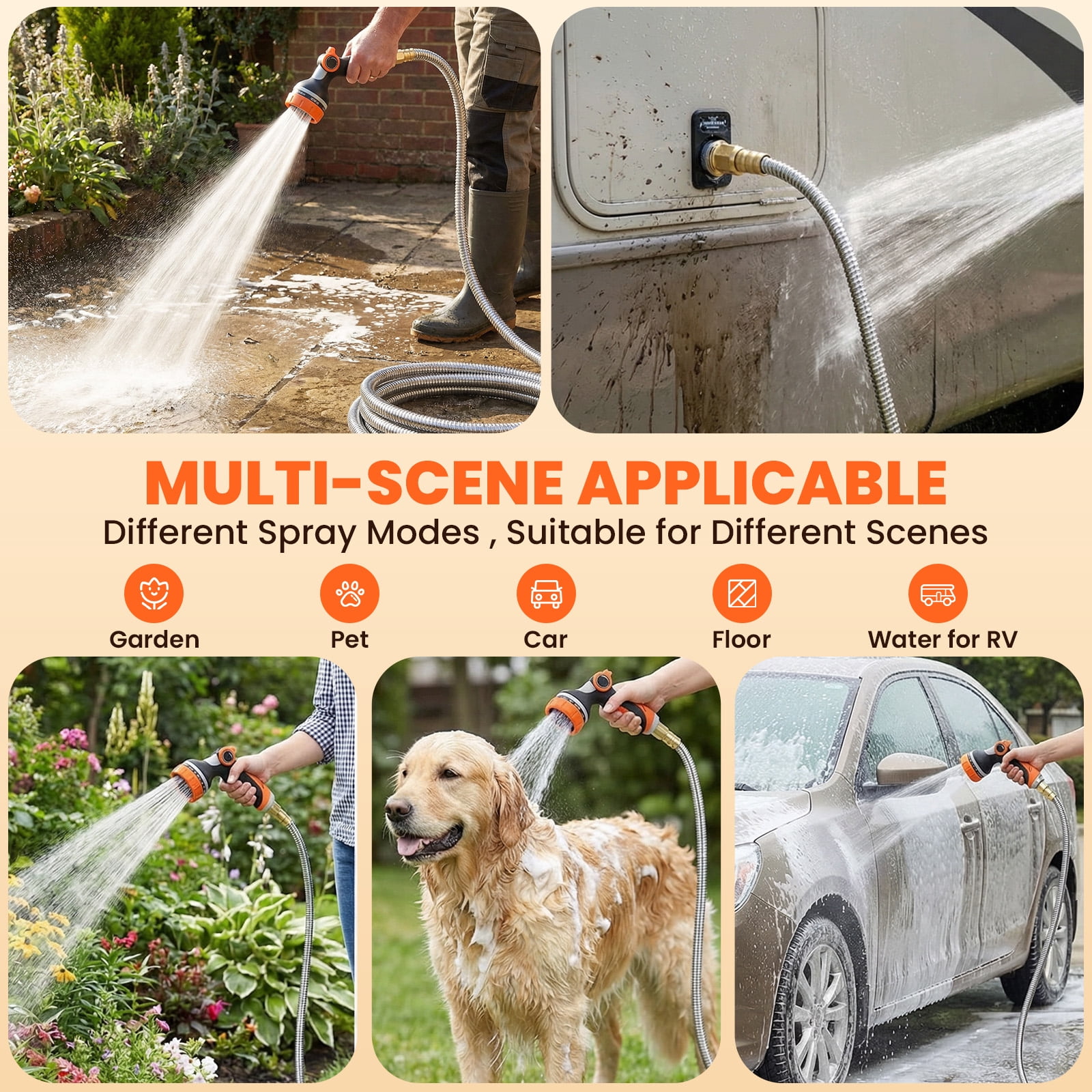 KOYMISKU Garden Hose 50FT, Stainless Steel Water Hoses with 10-Mode Nozzle Sprayer, Tangle Free Water Pipe for Yard Outdoor