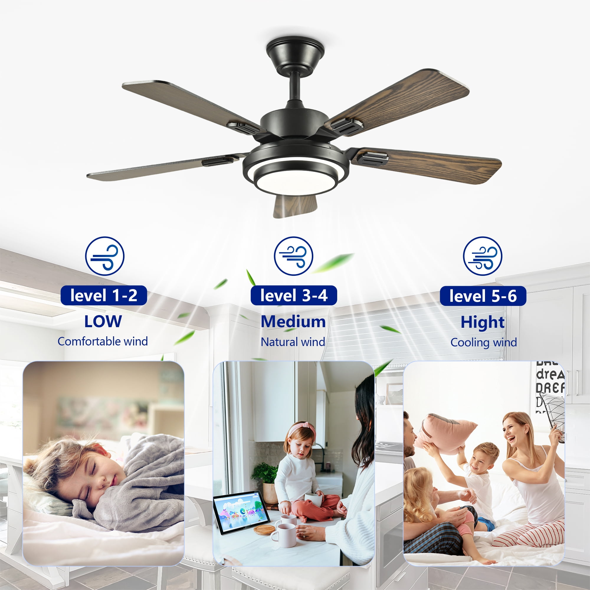 Leumius 42"Ceiling Fan with LED Light, 3000-6500K Dimmable,Quiet DC Motor Ceiling Fans 6 Speed Levels,Reversible Ceiling Fan for Patio Living Room Bedroom Office