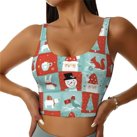 Qokaie Warm Christmas Memories Pattern Womens Scoop Neck Sports Bra Breathable Workout Vest Padded U Back Medium Impact Fitness Gym Yoga Bra Workout Crop Top-X-Large