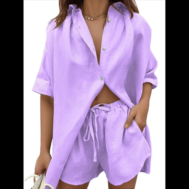 Conjunto de Chándal de 2 Piezas para Mujer, de Verano, con Top de Corta y Pantalones Cortos. Púrpura M