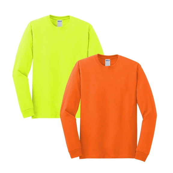 Gildan Heavy Cotton Men’s Hi-Vis T-Shirt, Long Sleeve Work Tee, Safety Green and Orange, 2-Pack, S