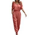 thumbnail image 2 of Gaecuw Dressy Jumpsuit for Women 2023 Short Sleeve Overall with Pockets V Neck Band Collar Solid Onesie One Piece Outfits Loose Baggy Long Pants Wide Leg Summer Romper Pull On Calf Length Trousers, 2 of 5