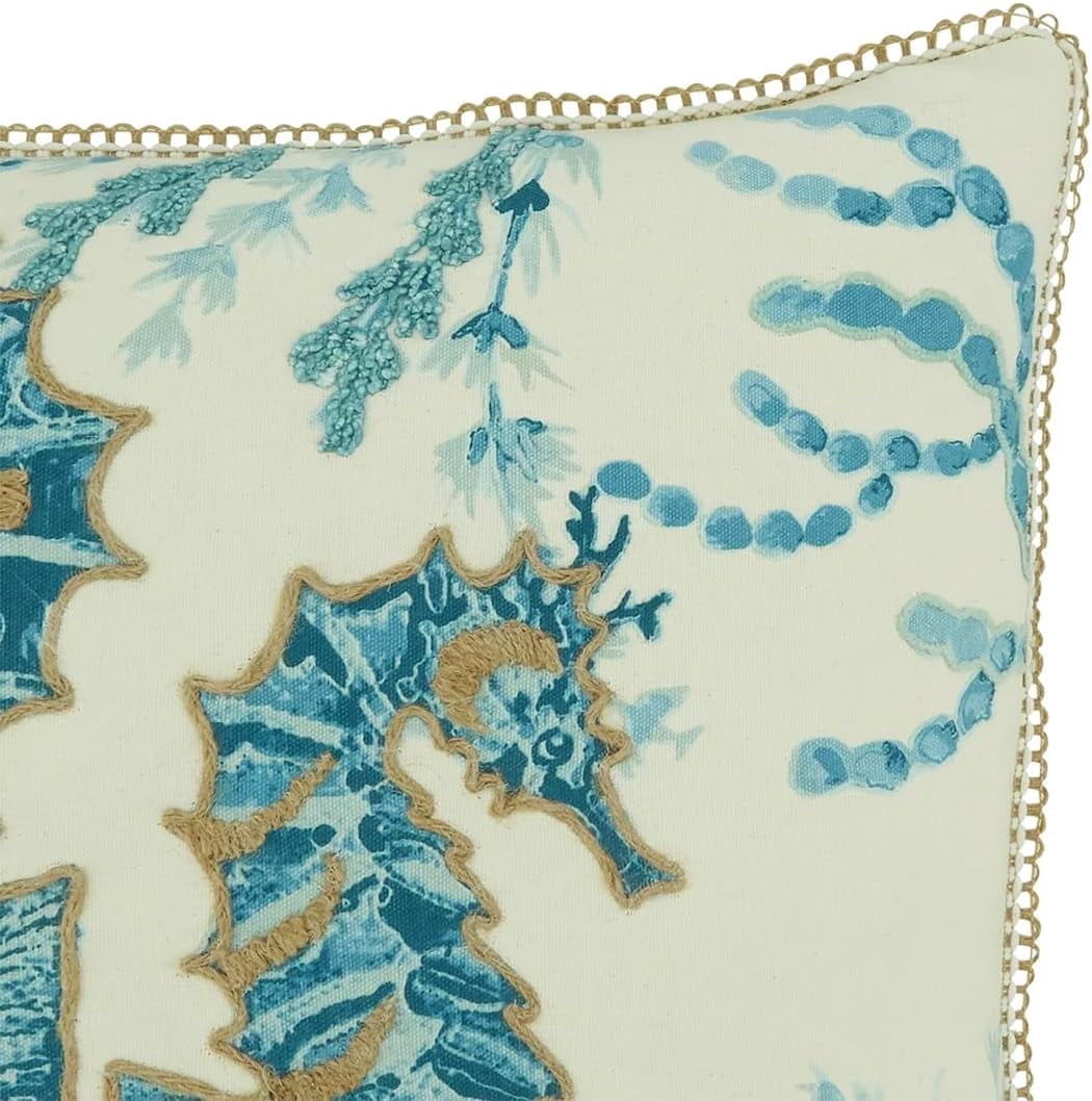 Fennco Styles Sea Animals Seahorse Cotton Decorative Throw Pillow Cover 20" W x 20" L – Aqua Nautical Sea Creatures Cushion Case for Couch, Sofa, Bedroom, Office and Living Room Décor