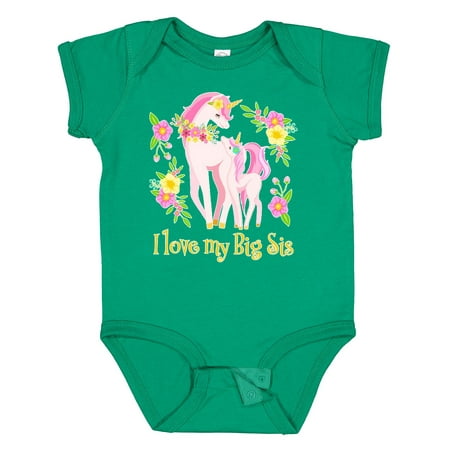 

Inktastic I Love My Big Sis Unicorn with Pink and Yellow Flowers Gift Baby Boy or Baby Girl Bodysuit