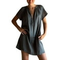 thumbnail image 1 of Amzcrzy Robes pour Femmes Grande Taille Robes P-5TG Tendance Couleur Unie Robes d'Été pour Femmes Col en V Manches Courtes Robe d'Été Décontractée Plissée Surdimensionnée Mini-Robe, 1 of 8
