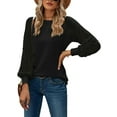 thumbnail image 6 of Mengpipi Women's Long Sleeve Blouse Lace Waffle Knit Loose Casual Tops, Black-L(US 12-14), 6 of 7