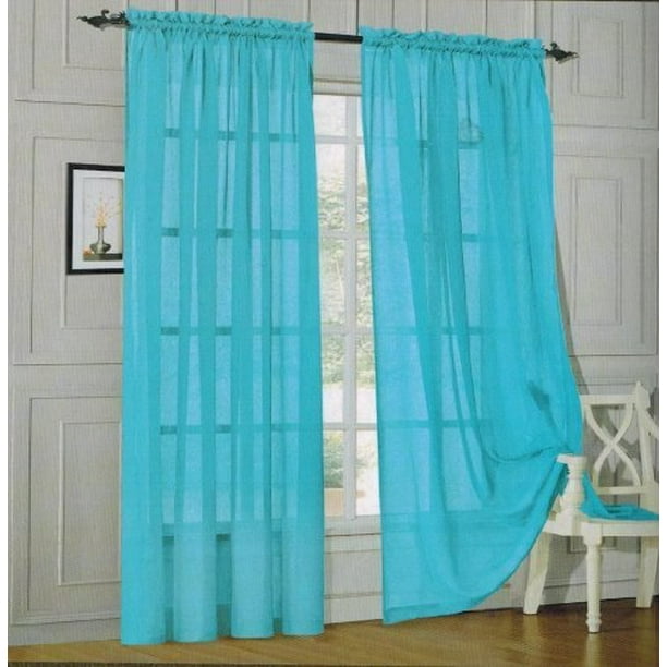 Window Curtain Sheer Panel With Rod Pocket 60 Inch Width X 84 Length Turqoise Use Two Panels To Achieve This Look In The Picture By Elegance Linen Com Window Curtain Sheer Panel With Rod, 60 Inch Length Curtain Panels