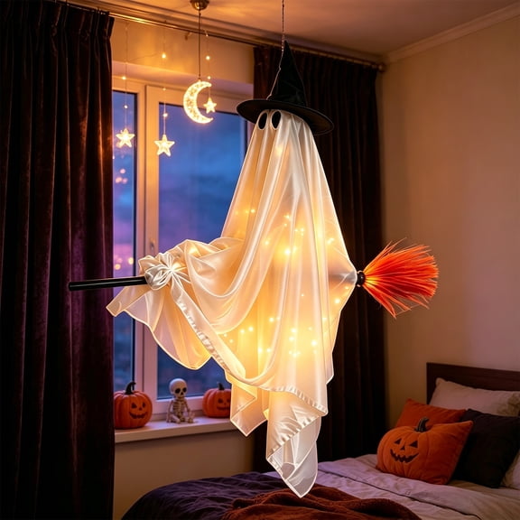 Clearance 5 Ft Hanging Ghost Decor,Early Halloween Decorations Light-Up Flying Ghost On Broomstick with Witch Hat, Witch Broom, Spooky Cute Outdoor Halloween Decorations for Front Porch Yard Tree