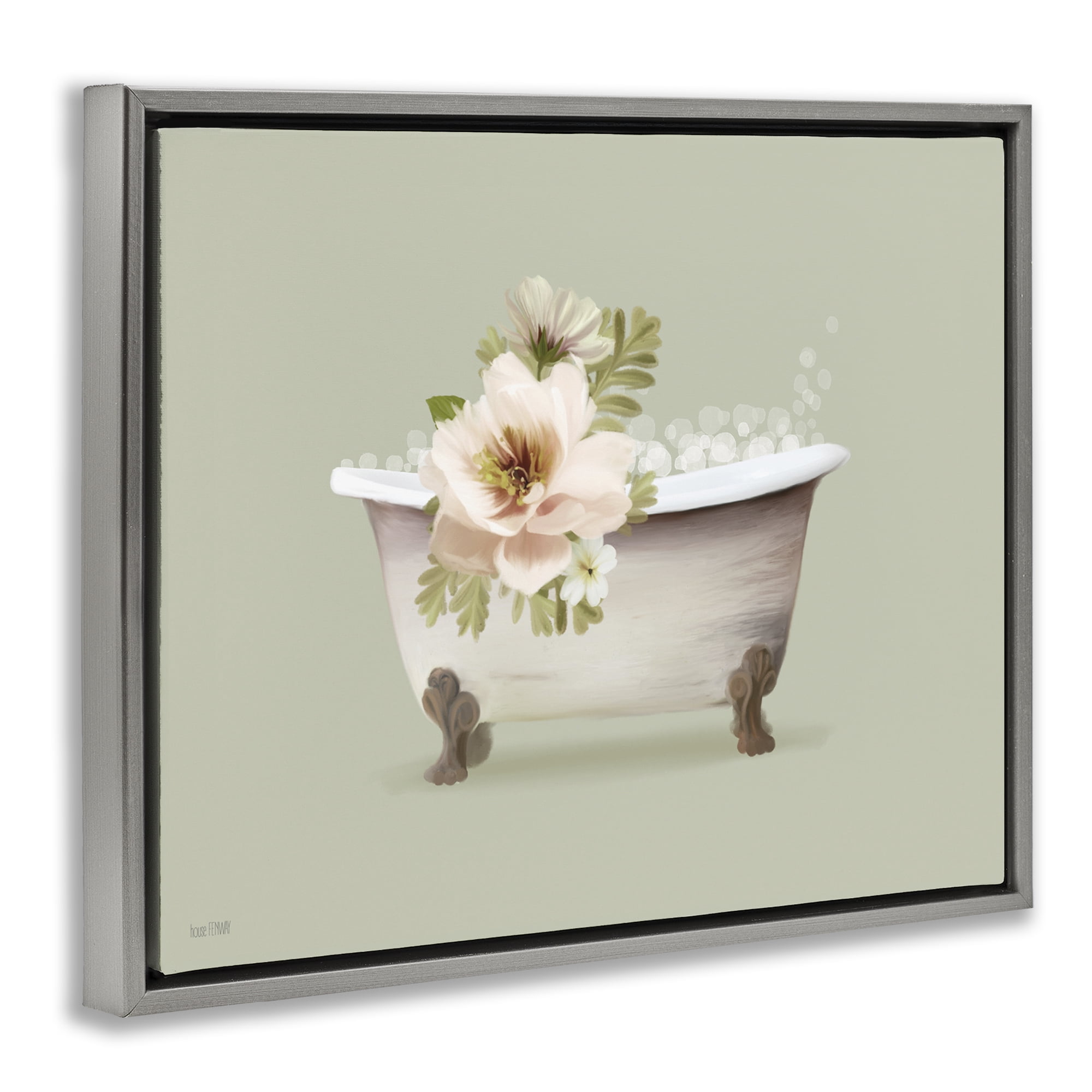 Stupell Industries Soft Blooms Bubble Bath Bath & Laundry Painting Gray Floater Framed Canvas Art Print Wall Art, 21 x 17