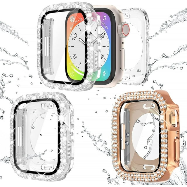 GHSDFBB 2-Pack Bling Waterproof Cases with Screen Protector for Apple Watch 44mm SE Series 6 5 4-Glitter Diamond Rhinestone Bumper Face Cover-iWatch Accessories for Women-Rose Gold+Clear