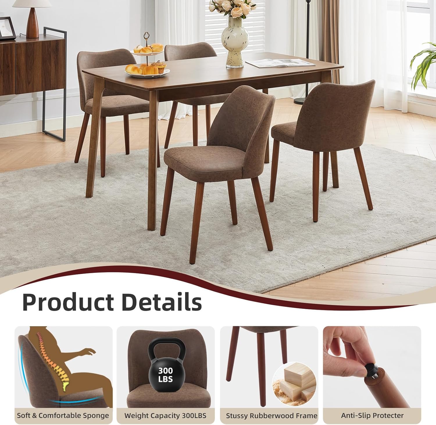 2-pcs Dining Chair,Leather Upholstered Dining Chair with Wood Legs, Wing Backrest, Wooden Kitchen Chair, Kitchen Chairs with Thick Cushions for Dining Room, Living Room