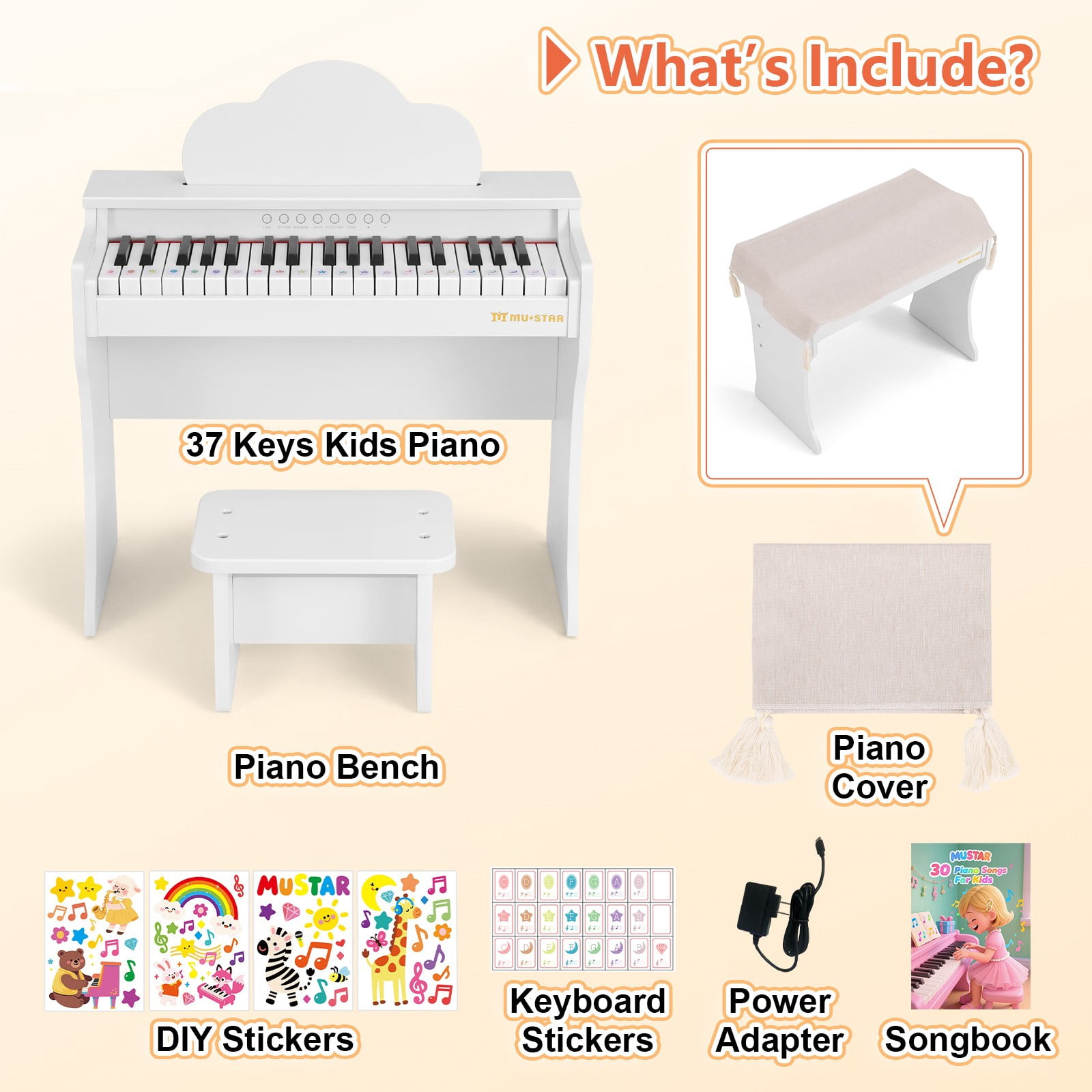 Mustar 37 Keys Kids Wooden Electronic Digital Piano Keyboard Music Education with Stool, Songbook, DIY Stickers (White)
