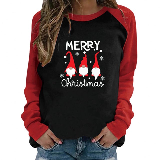 Pntutb Mujeres Navidad Impresión Suelta Casual Manga Larga Raglan Mujeres Blusa tops Pntutb Pntutb-4205