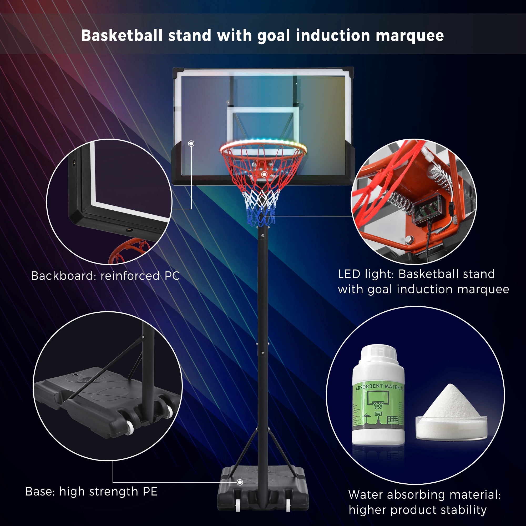 Portable Basketball Hoop 4.76-10ft Height Adjustable with LED Basketball Hoop Lights, for Youth Adults