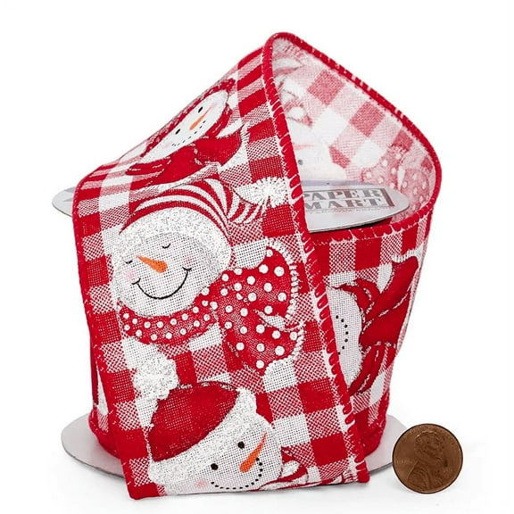 Snowman Wired Christmas Tree Ribbon - 2 1/2" x 10 Yards, Red & White Buffalo Plaid, Jolly Snowmen