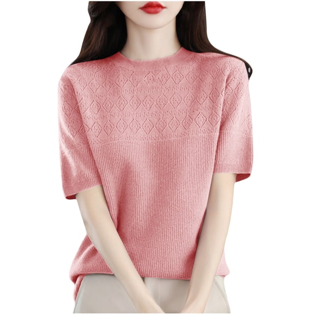 FAIWAD Womens Short Sleeve Ribbed Sweater Round Neck Basic Pullover Tops Lightweight Casual Sweaters