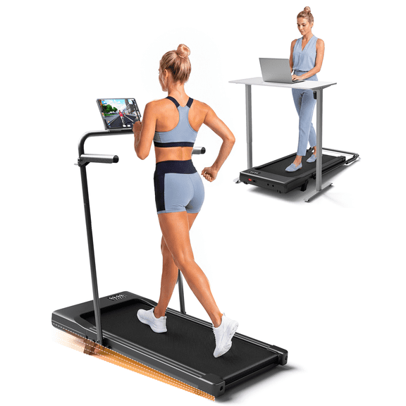 Sundorei treadmill with Handrail and Phone Holder for Home Office, 6% Incline 300LBS Capacity Under Desk Treadmill, Quiet Portable Mini Treadmill with App & Remote Control, No Assembly, Slim Design