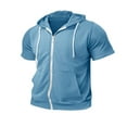 thumbnail image 5 of RYDCOT Mens Slim Fit Zip up Hoodie Short Sleeve Thin Jacket Full Zip Sweatshirt with Kanga Pocket Light Blue, 5 of 6