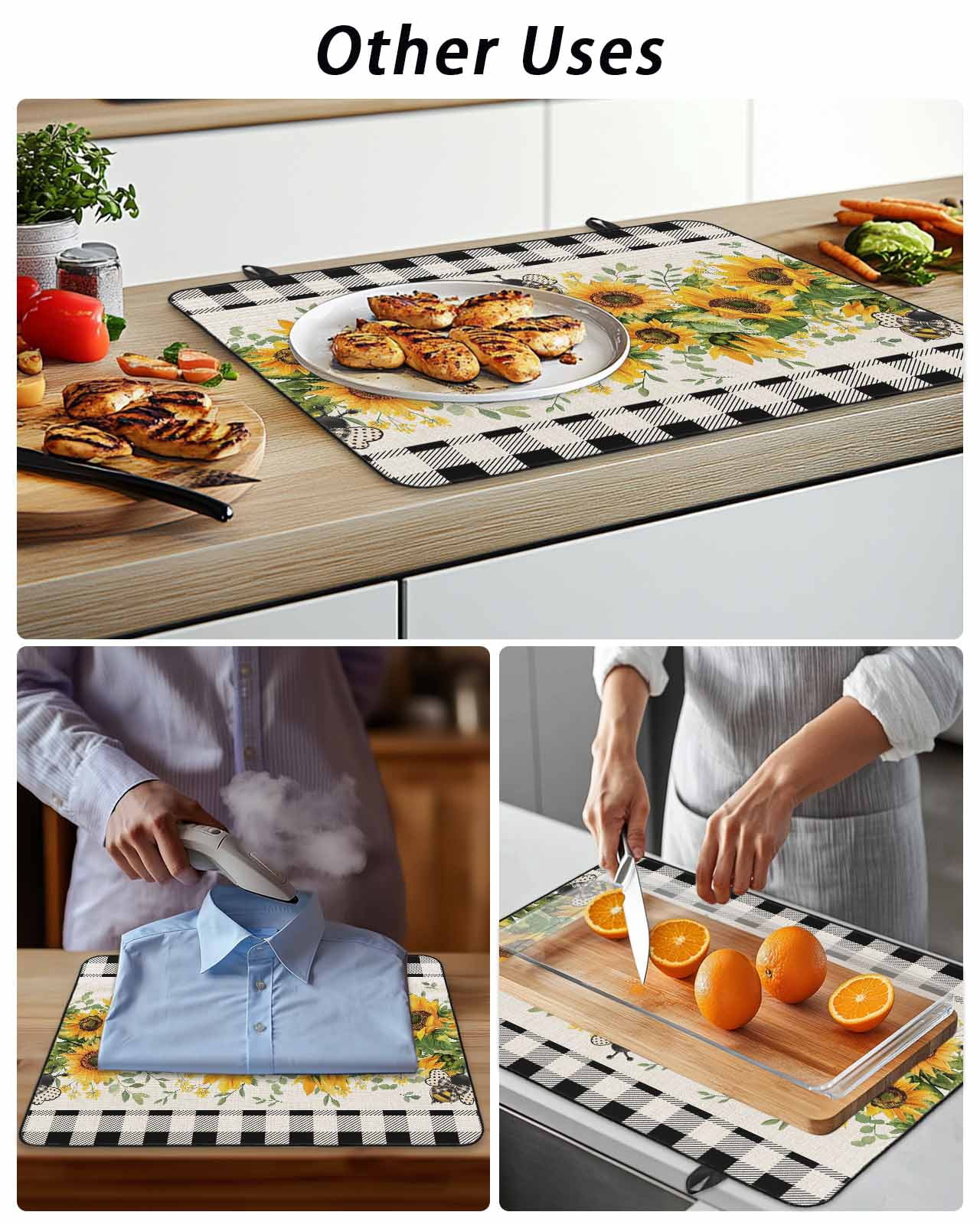Stove Top Covers for Electric Stove, Sunflower Glass Stovetop Cover Protector, Summer Botanical Bee Rustic Black Plaid Induction Cooktop Protector Oven Mat for Kitchen Countertop 24"x21"