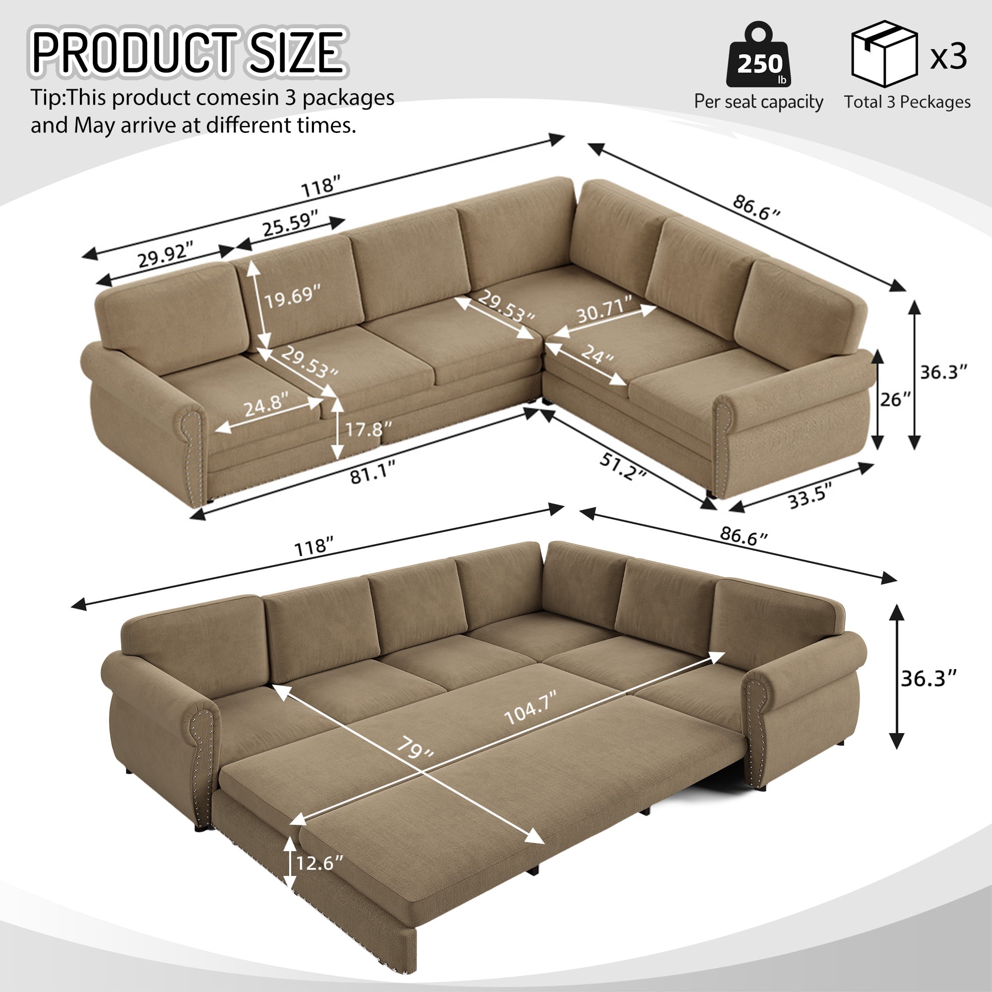 LLappuil Sectional Sofa, Pull Out Sofa Bed King Size, 6 Seat Chenille Sofa Couch Convertible Sleeper Sofa Bed for Living Room Camel