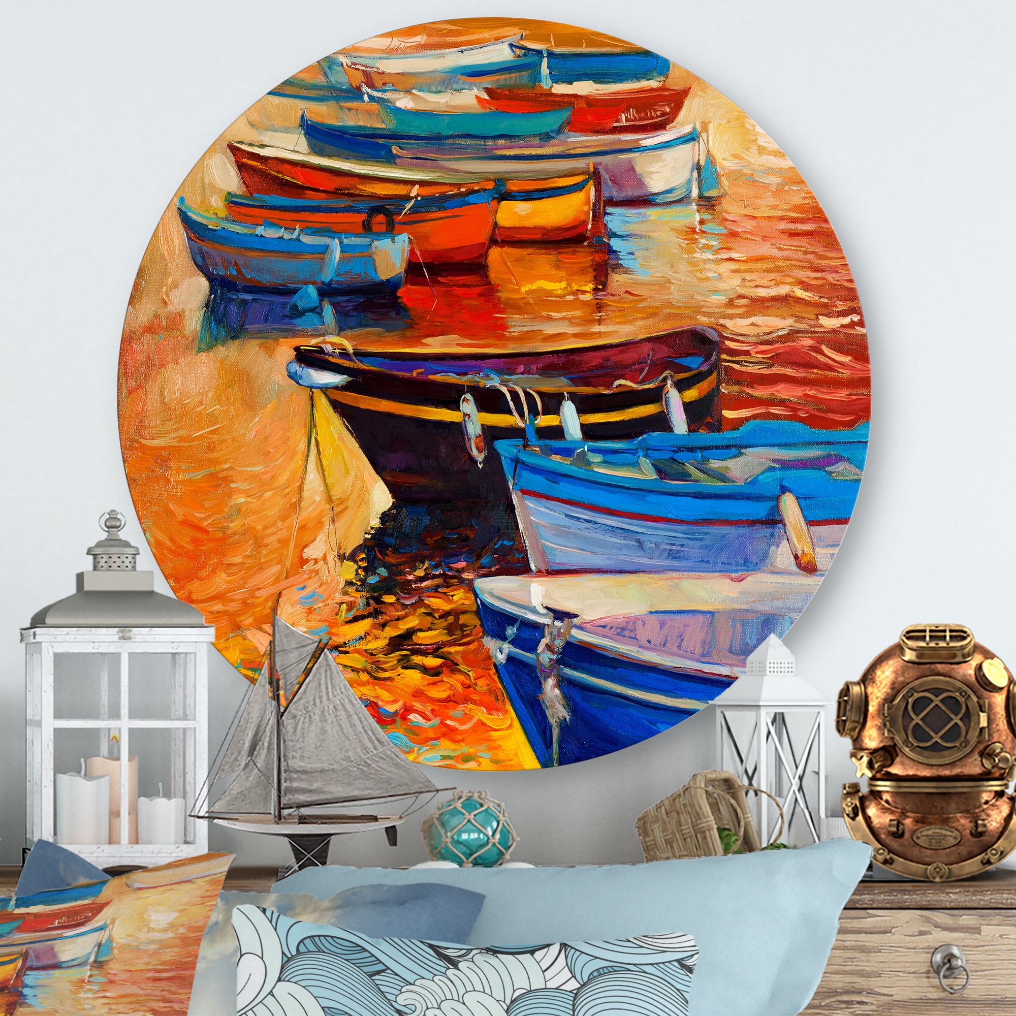 Designart 'Boats During Warm Colourd Sunset In The Harbor I' Nautical & Coastal Circle Metal Wall Art 23x23 - Disc of 23