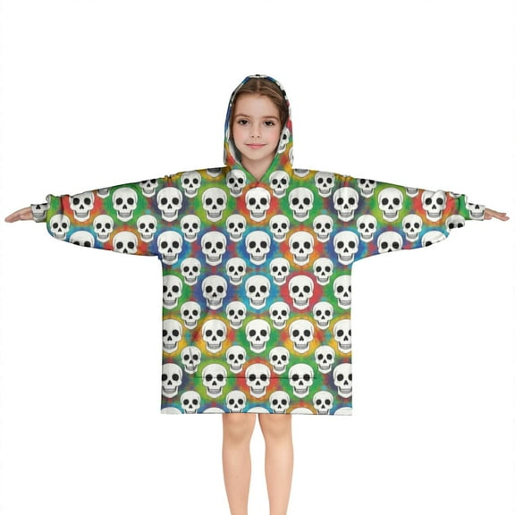 Colorful Skull Pattern Blanket Hoodies for Kids 6-13YR Oversize Wearable Blanket Hoodies for Boys Girls Teens