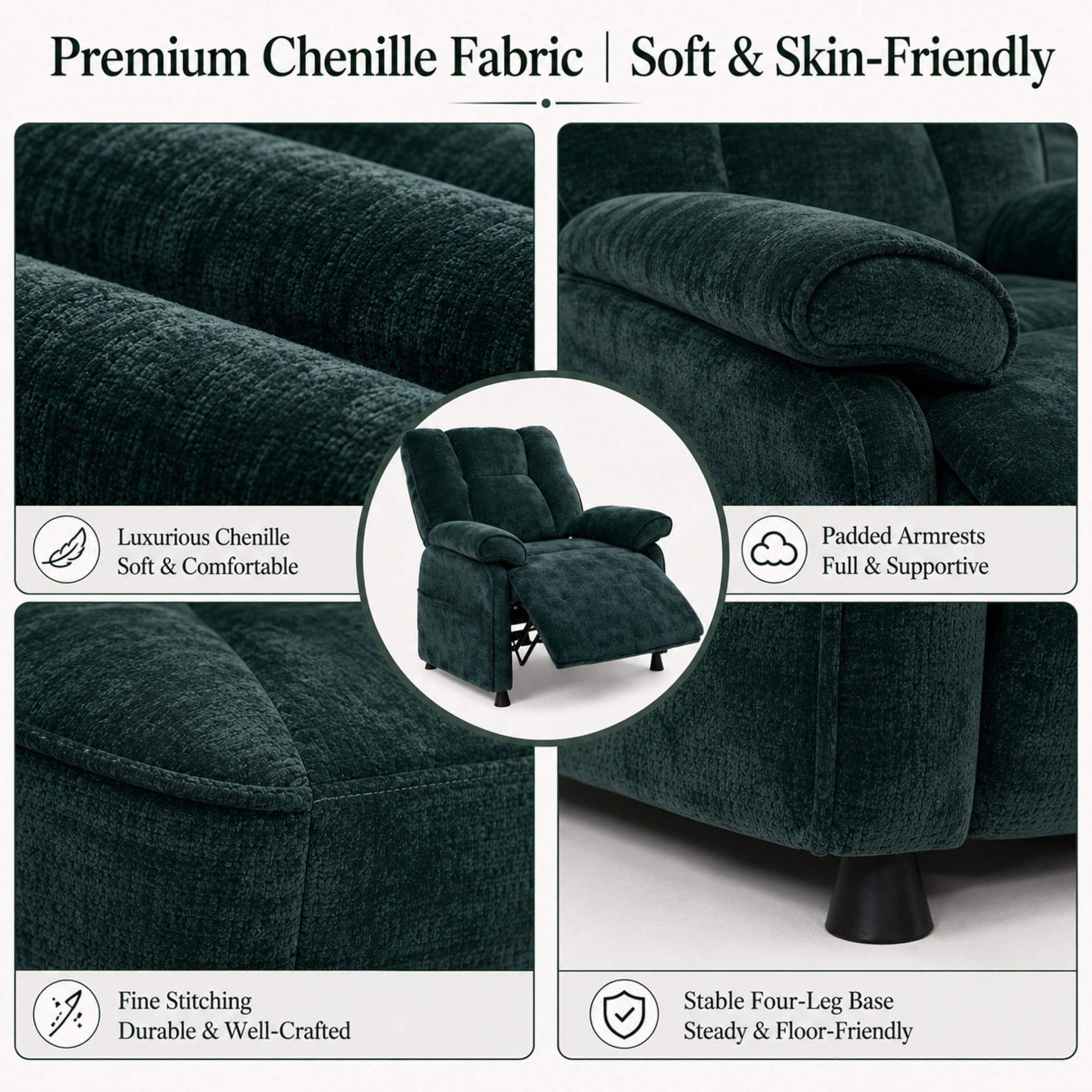 GDF Studio Rosane Electric Power Recliner Chair with Side Storage Pocket, Chenille Multi-Scene Lounge Chair, Blackish Green