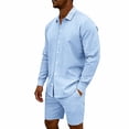 thumbnail image 3 of Ohufall Men 2 Piece Outfit Button Turndown Collared Loose Long-sleeve Shirt with Drawstring Elastic Waist Baggy Shorts Suit, 3 of 5