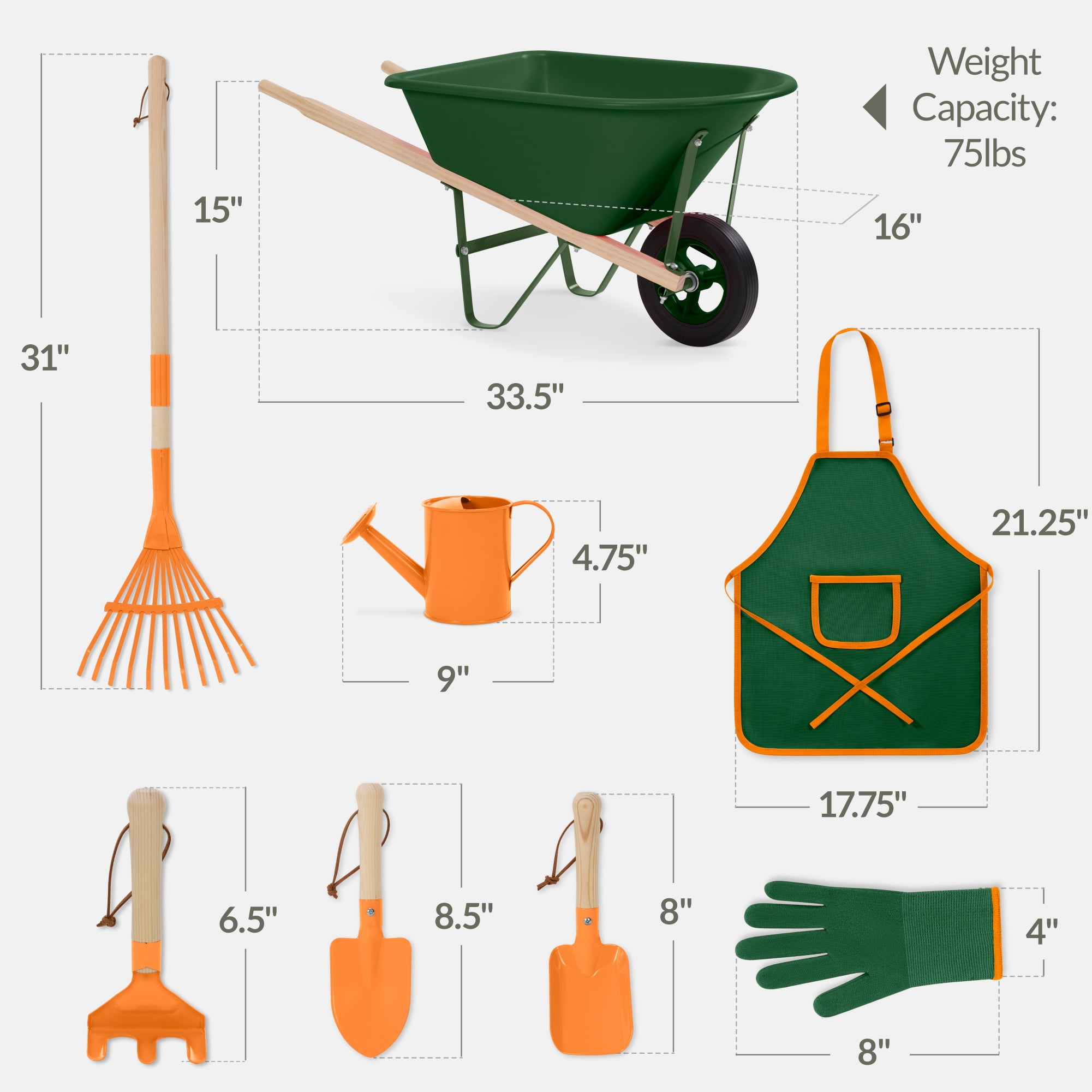 Best Choice Products Kids Wheelbarrow Gardening Tool Set 8 Piece with Metal Tools, Apron, Gloves Ages 3+ - Green/Orange