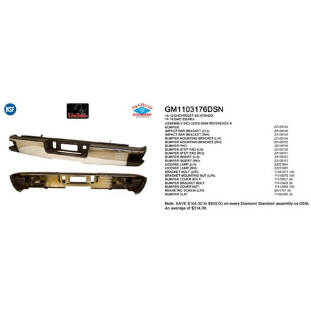 REAR STEP BUMPER ASSEMBLY; CHROME; WITHOUT PARK ASSIST SENSOR HOLES; WITH CORNER STEP; INCLUDES INNER AND OUTER BRACKETS; ALL PADS AND