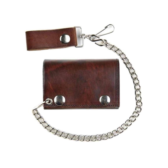 Men's TriFold Biker Chain Styled Wallet, Genuine Antique Brown Leather AT304