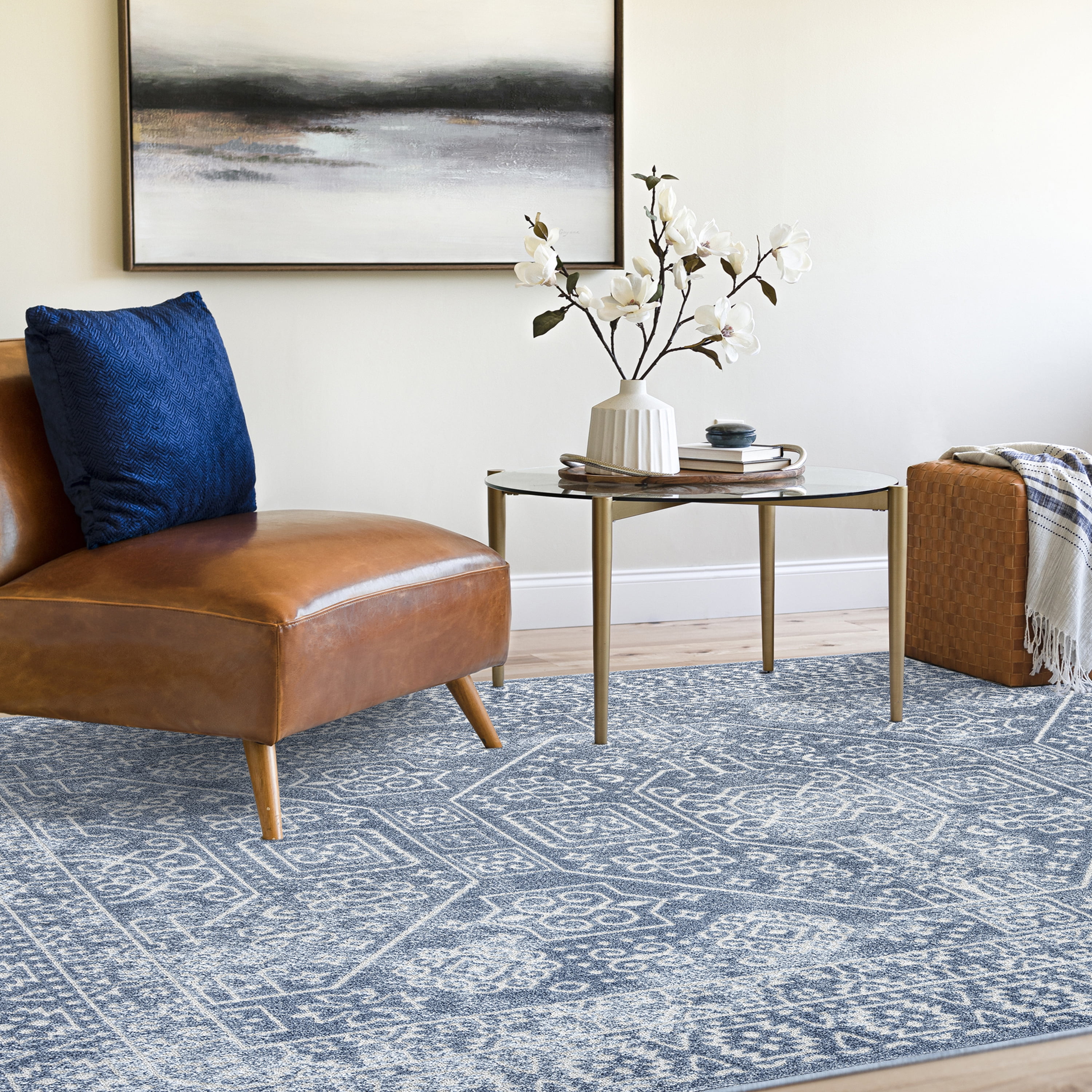 Bliss Rugs Scandinavian Area Rug for Living Room, Farmhouse, Bedroom, Geometric Tribal Dining Room Rug | Blue, 5' x 8'(5'3''x7'3'')