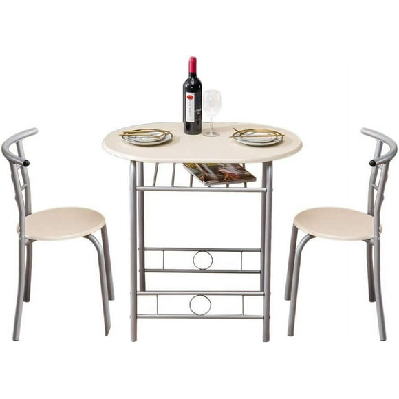 3 Piece Dining Table Set,Small Round Table for 2 with Wine Storage Rack and Metal Frame,Breakfast Nook Table Set for Home Bistro Pub Apartment Kitchen Dining Room Cafe, Natural & Silver