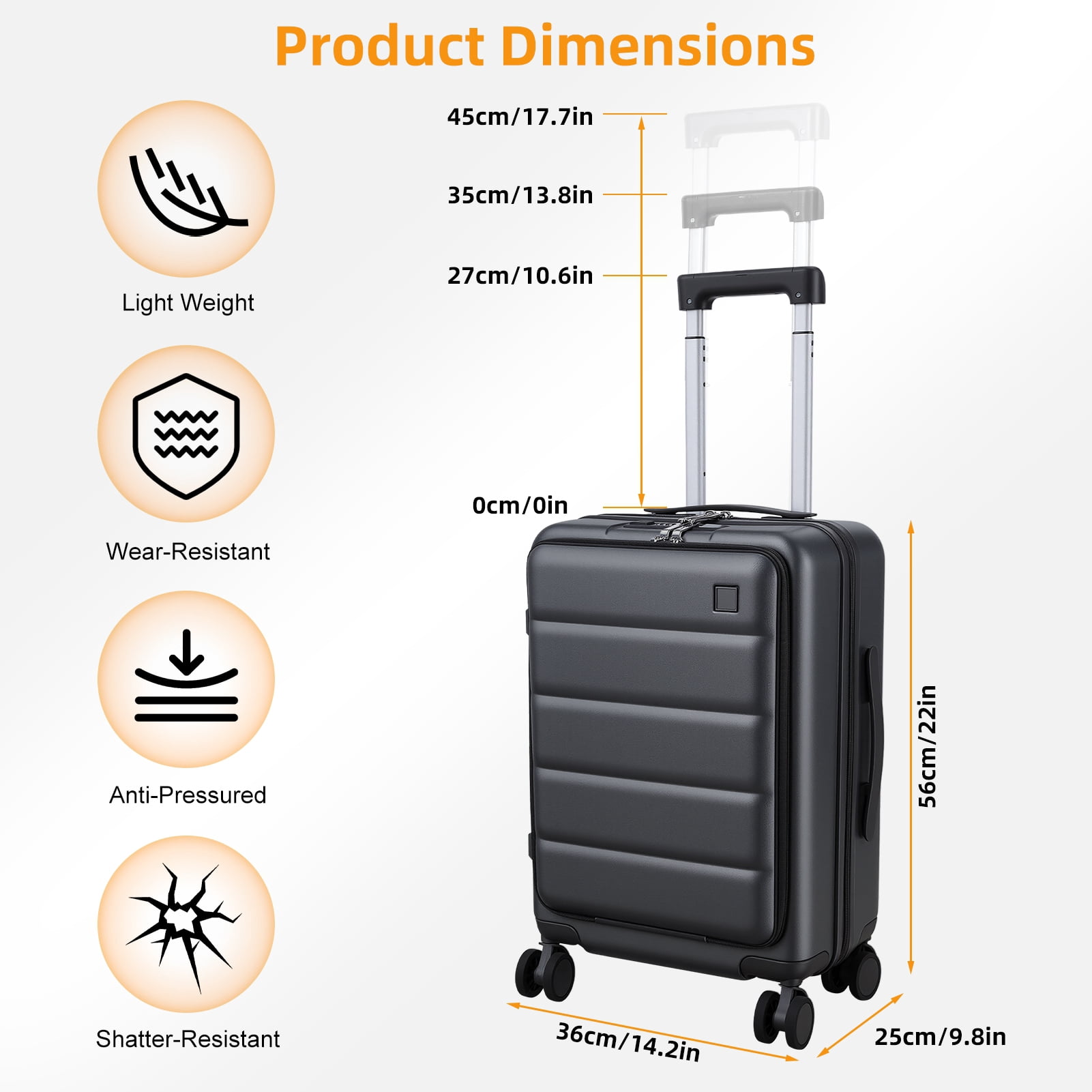 SHUO Y - 20 Inch Carry-On Luggage with Front Laptop Pocket, USB Charger Port & Cup Holder, 360 Degrees Spinner Wheels, Side Hook, Phone Stand , TSA Lock, Hard Shell Suitcase (Black)