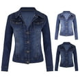 thumbnail image 5 of Women Denim Jacket Retro Single-breasted Slim Fit Turn-down Collar Long Sleeves Solid Color Flap Pockets Lady Coat Commuting Shopping Jacket, 5 of 8