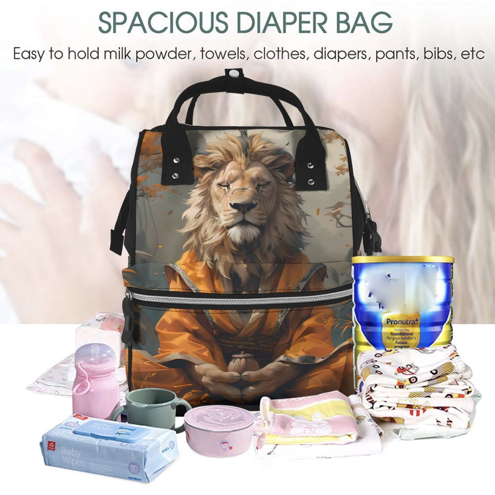 Fuzoiu Jungle Meditating Lion Print Diaper Bag Backpack,Baby Essentials Travel Tote,Multi function Waterproof Diaper Bag, Travel Essentials Baby Bag - Unisex