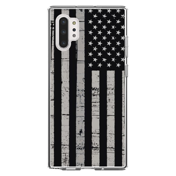 DistinctInk Clear Shockproof Hybrid Case for Galaxy Note 10 PLUS (6.8" Screen) - TPU Bumper, Acrylic Back, Tempered Glass Screen Protector - Black Grey US Flag United States - America