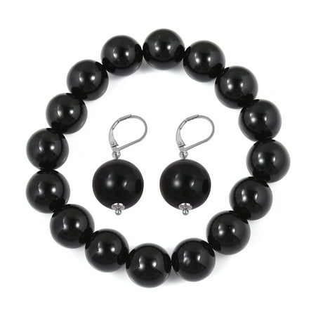 Black Agate Set (Lever Back Earrings Bracelet Stainless Steel Round Beads Dyed Black Agate Jewelry Set for Women)