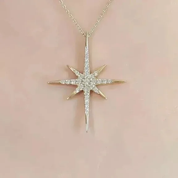 Forever Jewels 2Ct Round Moissanite Womens North Star Pendant Necklace 14K Yellow Gold Plated