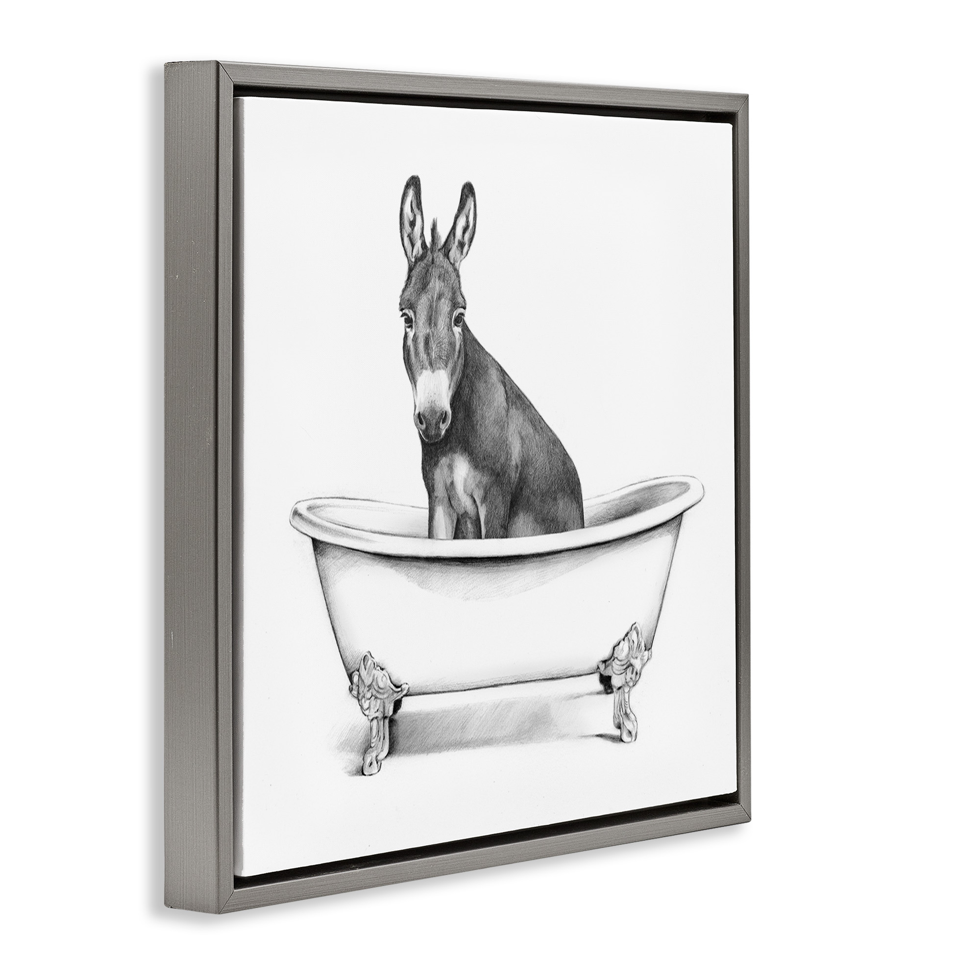 Stupell Industries Donkey in Bathtub Sketch Animals & Insects Drawing Gray Floater Framed Canvas Art Print Wall Art, 25 x 25
