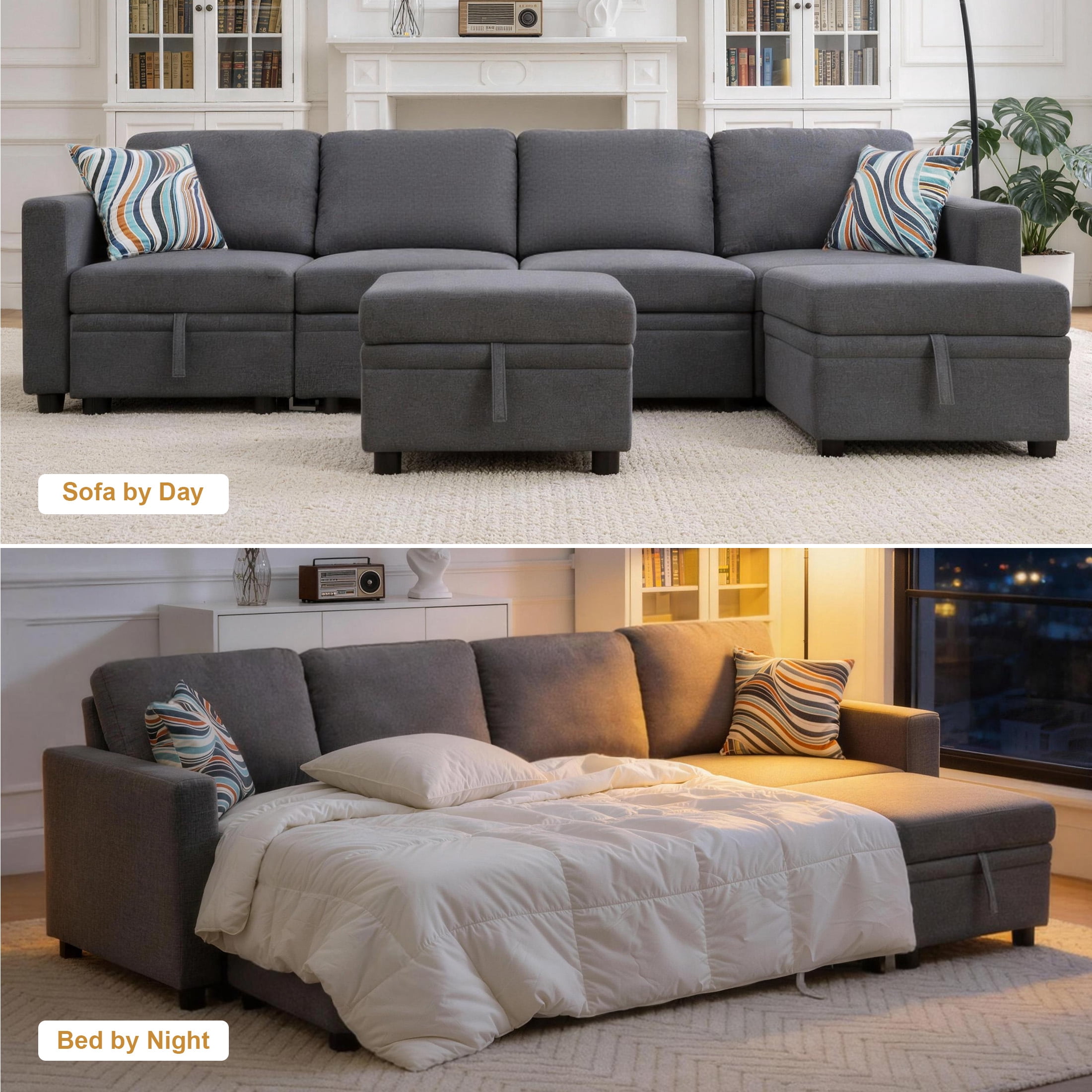 AENKYO 102" U-Shaped Sectional Sofa Bed, Linen Pull Out Sleeper Couch with Storage Seats for Living Room，Dark Gray